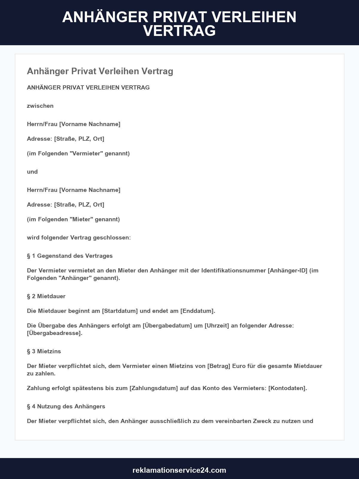 Anhänger Privat Verleihen Vertrag