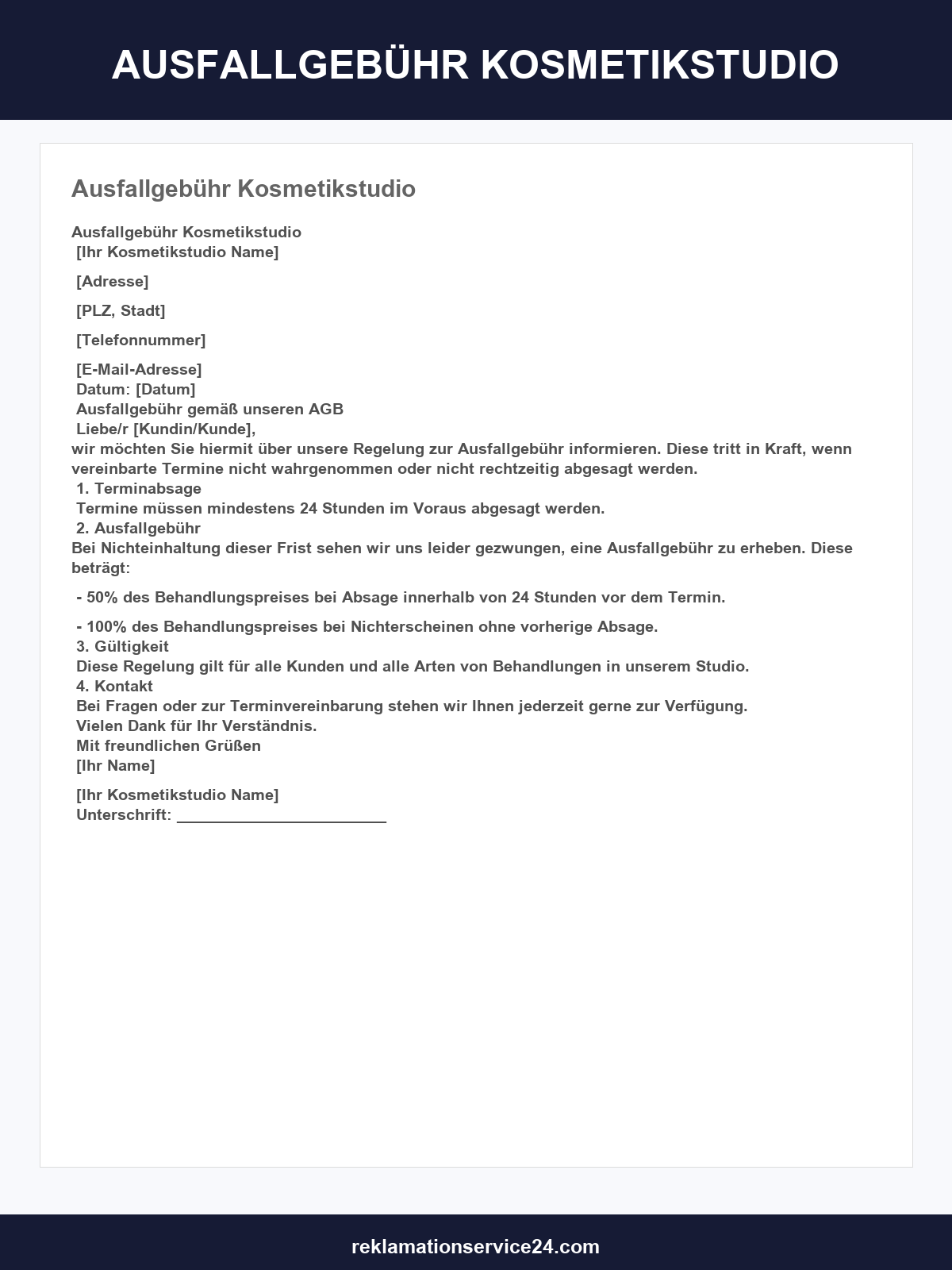 Ausfallgebühr Kosmetikstudio Vordruck