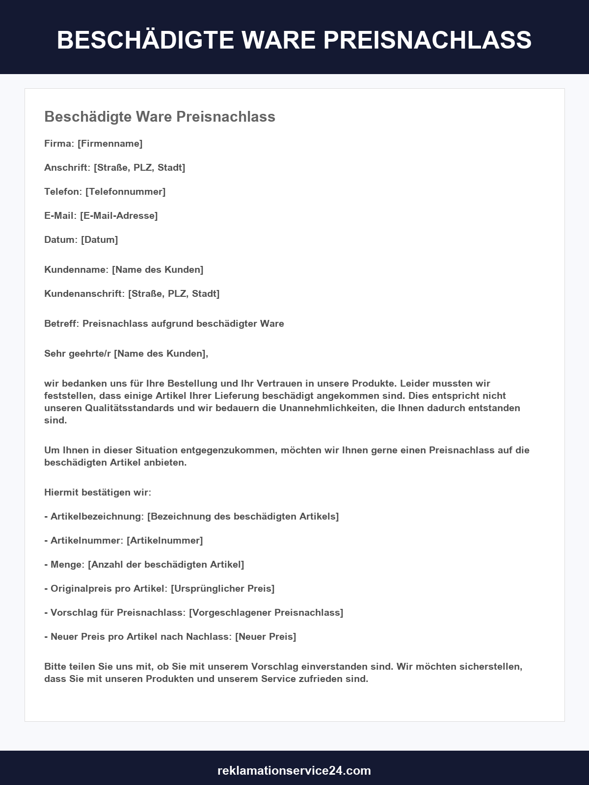 Beschädigte Ware Preisnachlass Musterbrief