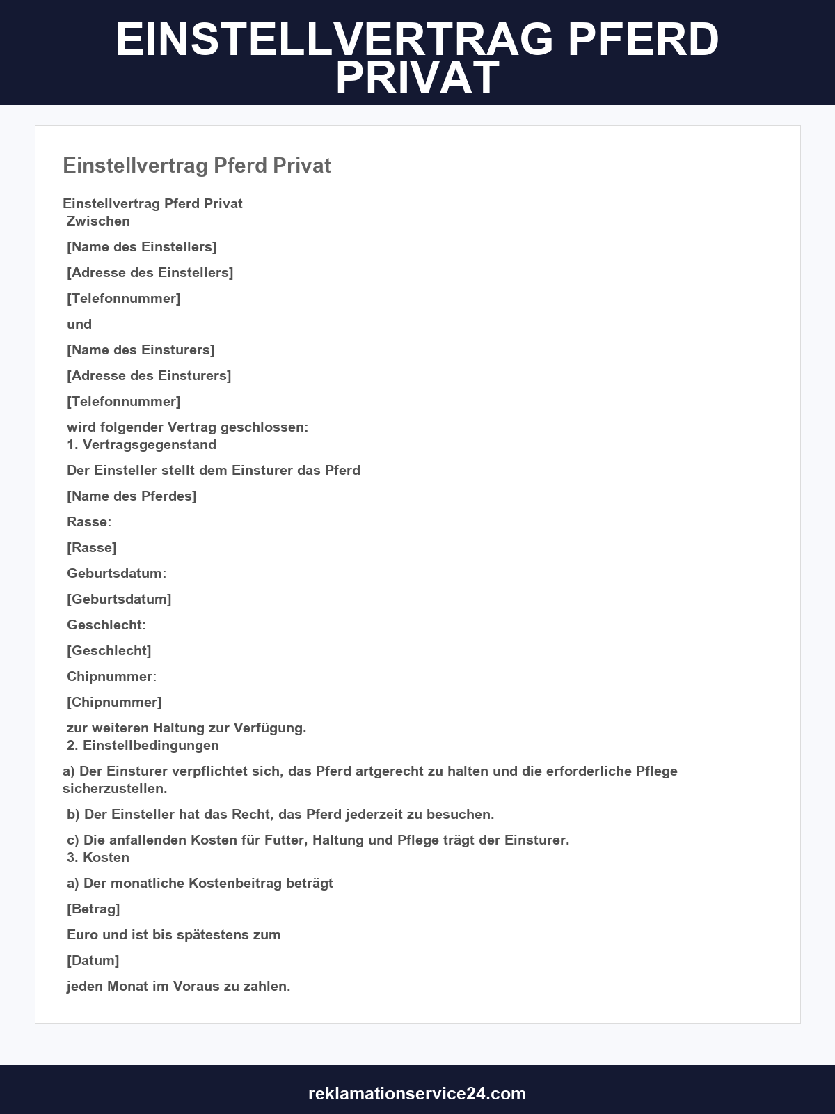 Einstellvertrag Pferd Privat