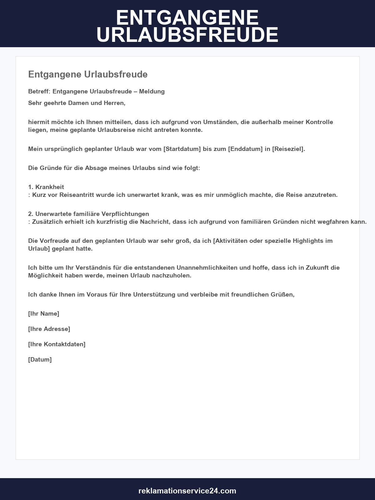 Musterbrief Entgangene Urlaubsfreude
