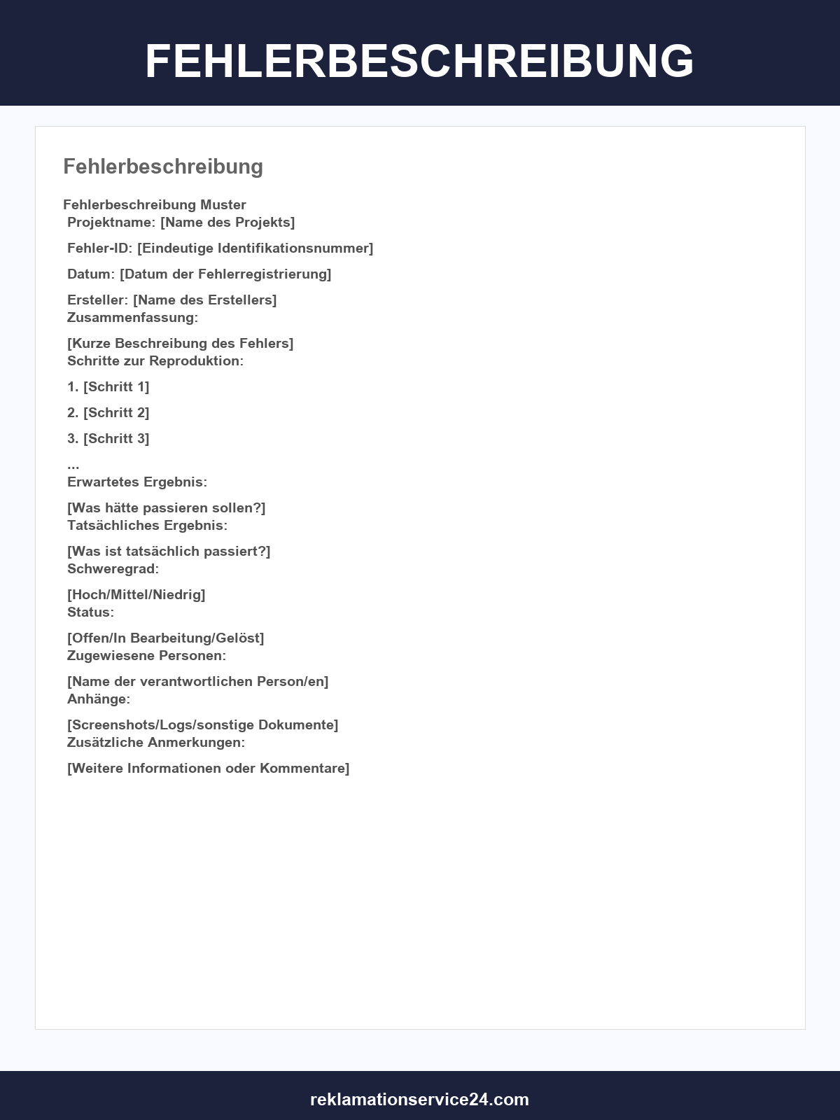 Fehlerbeschreibung Vorlage