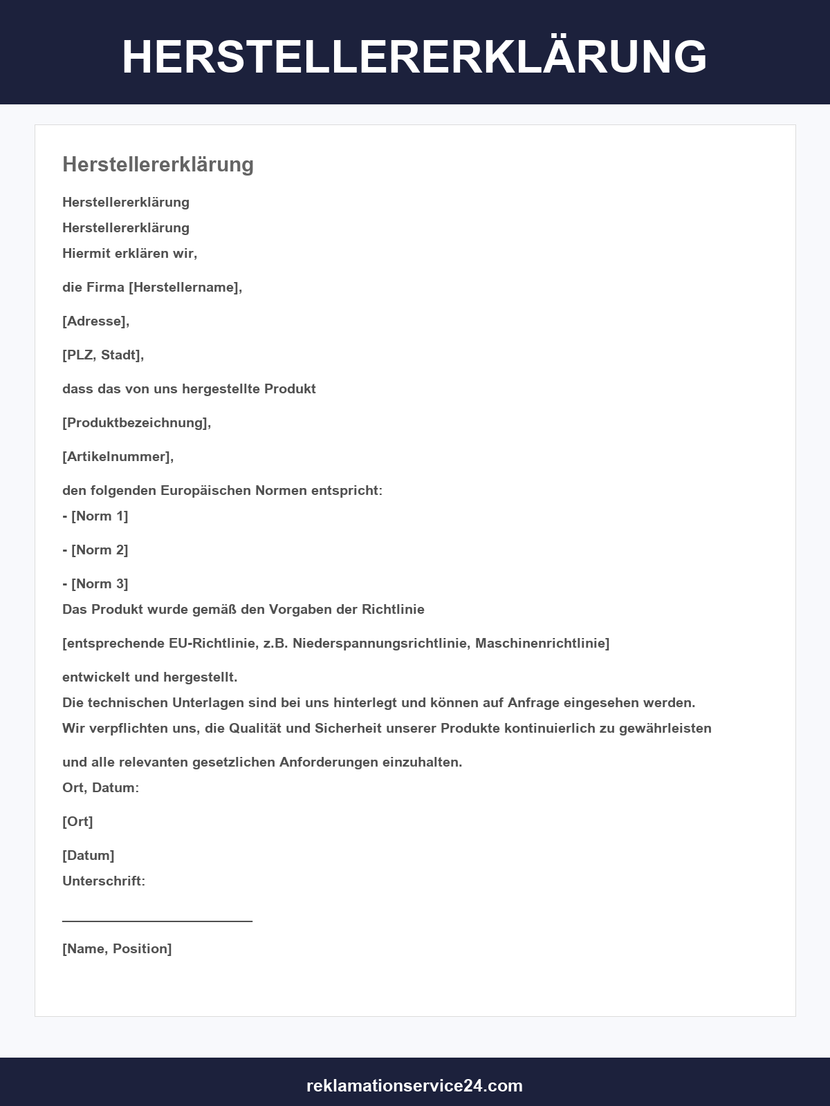 Herstellererklärung Muster