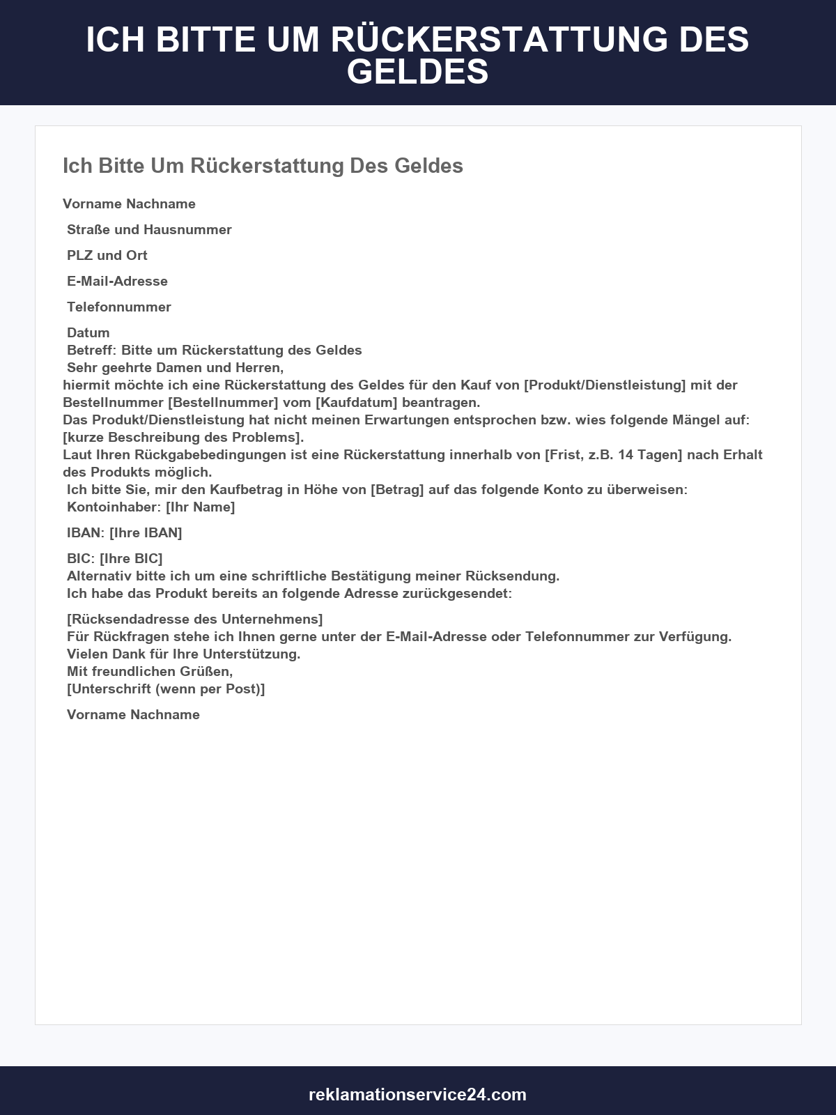 Ich Bitte Um Rückerstattung Des Geldes