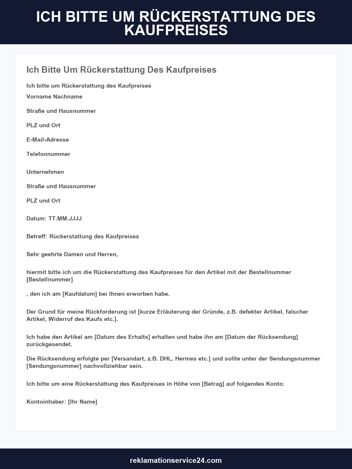 Ich Bitte Um Rückerstattung Des Kaufpreises