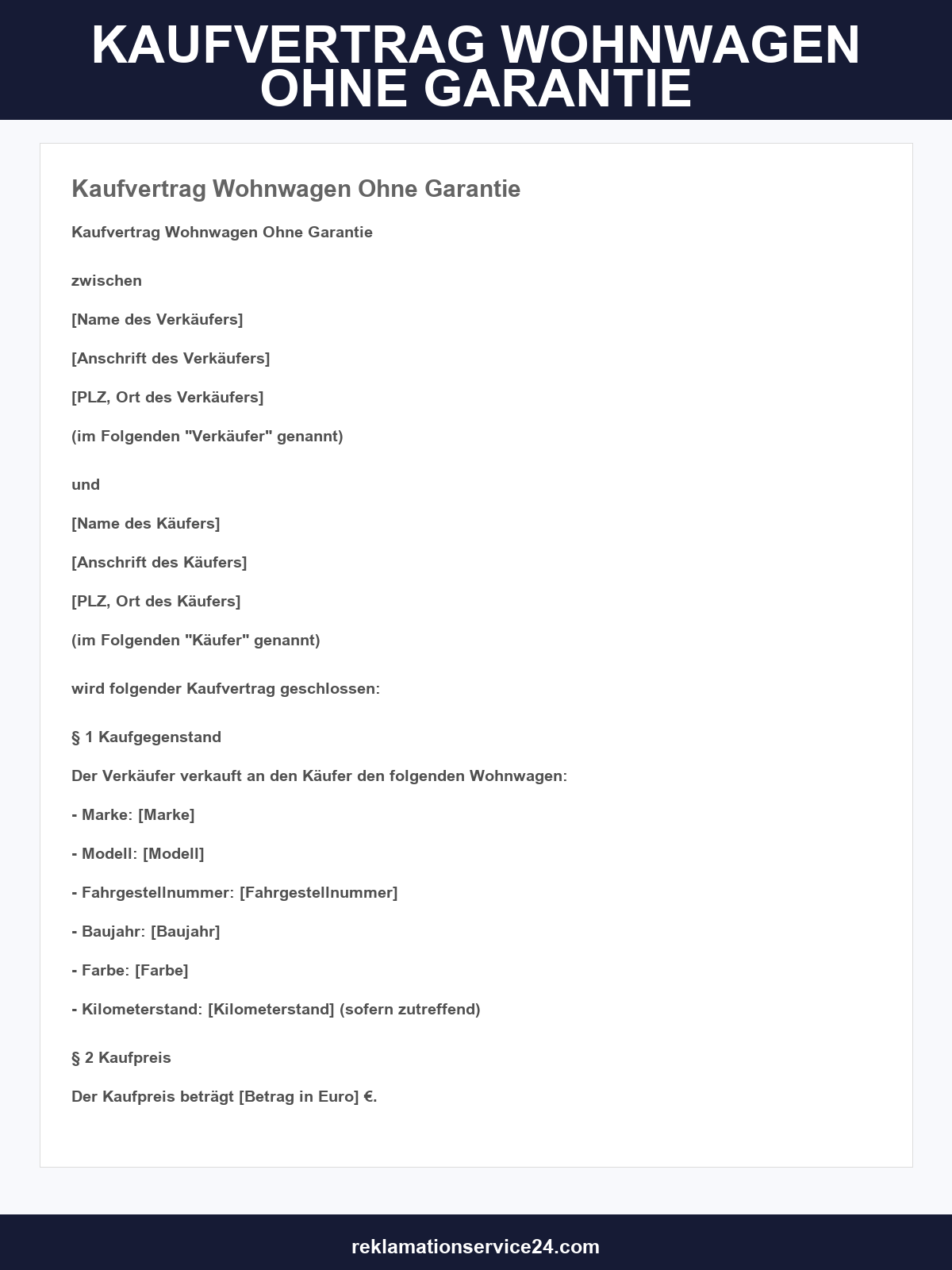 Kaufvertrag Wohnwagen Ohne Garantie