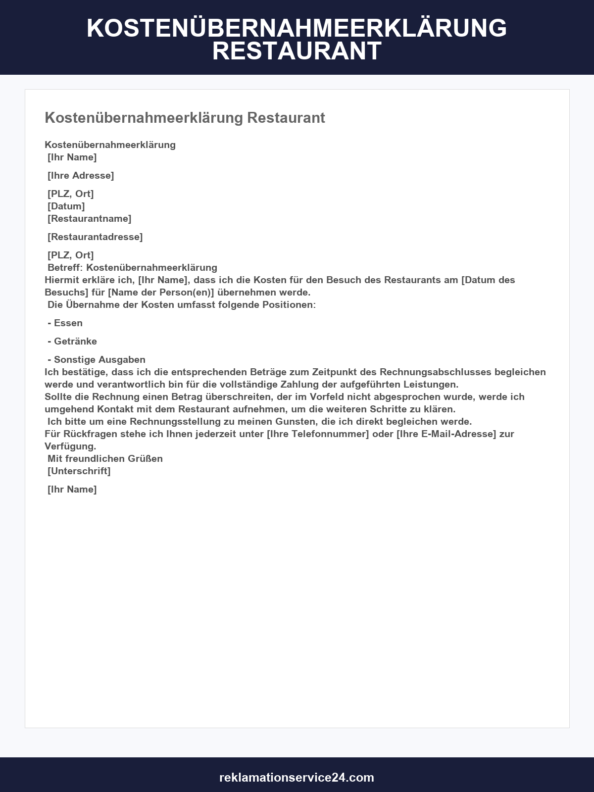 Kostenübernahmeerklärung Restaurant Vorlage