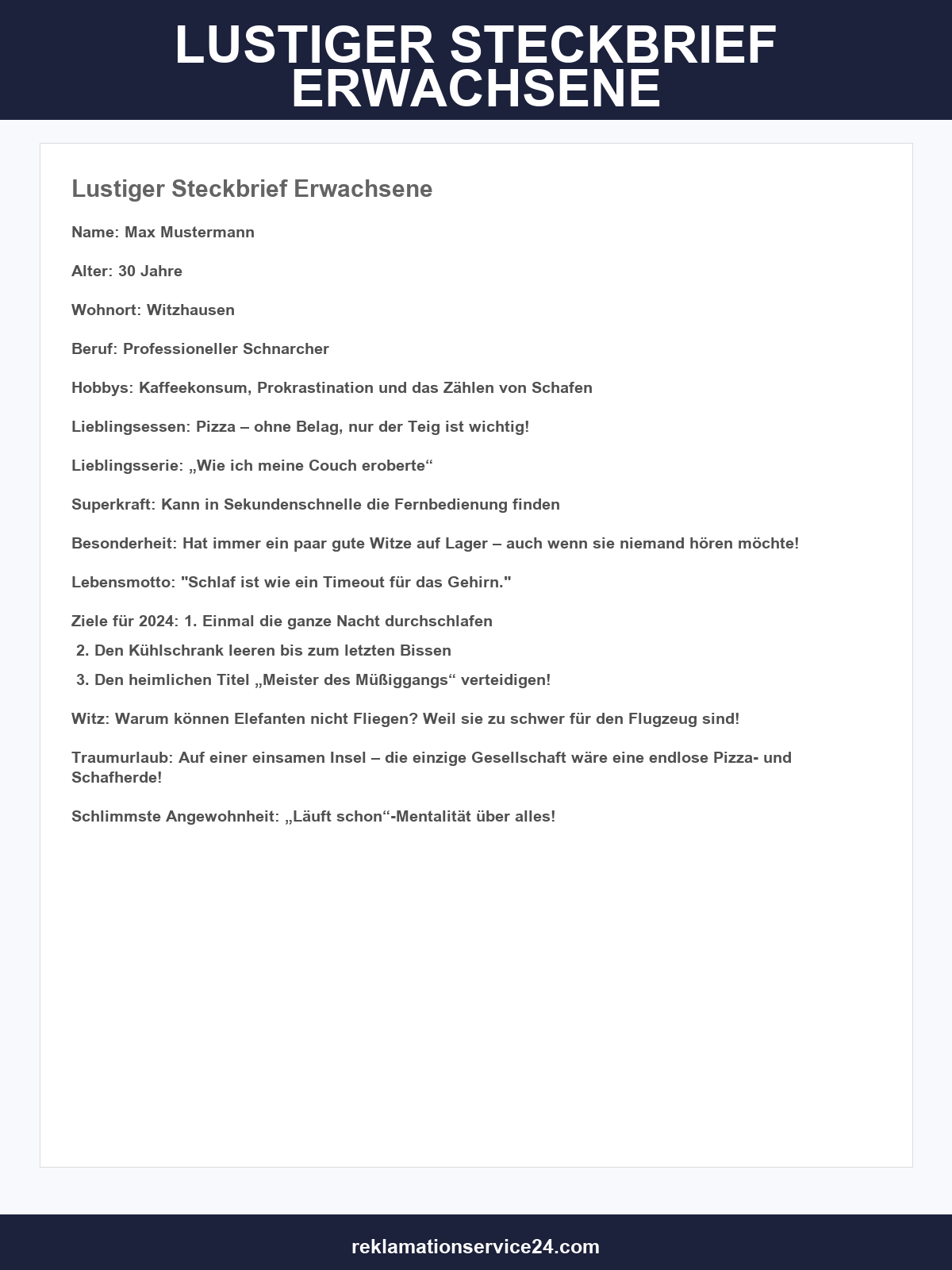 Lustiger Steckbrief Erwachsene