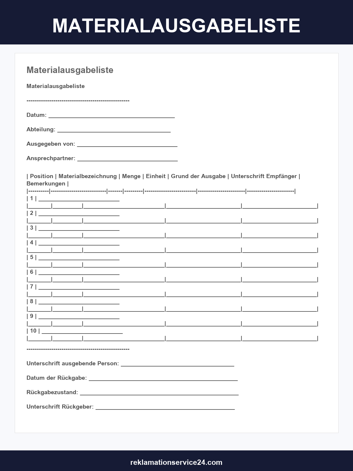 Materialausgabeliste