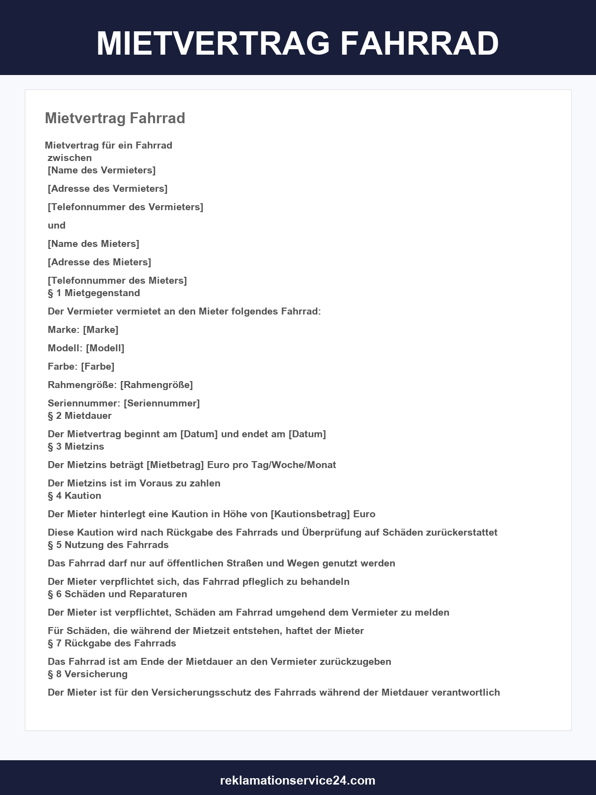 Mietvertrag Fahrrad Vorlage