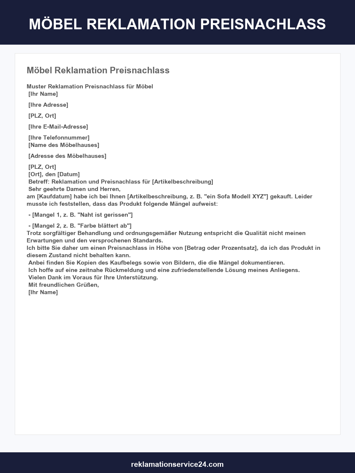 Möbel Reklamation Preisnachlass Musterbrief