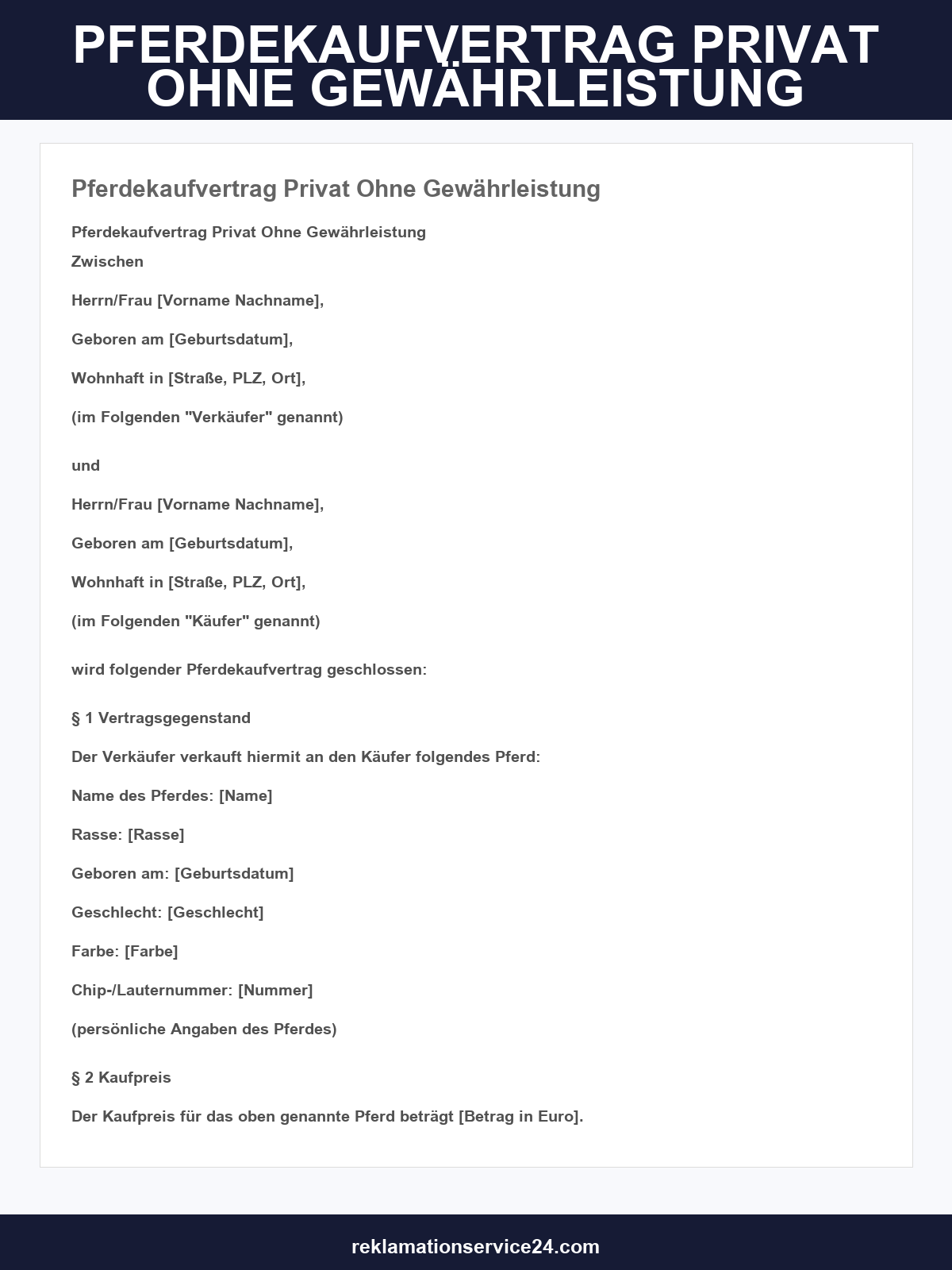 Pferdekaufvertrag Privat Ohne Gewährleistung