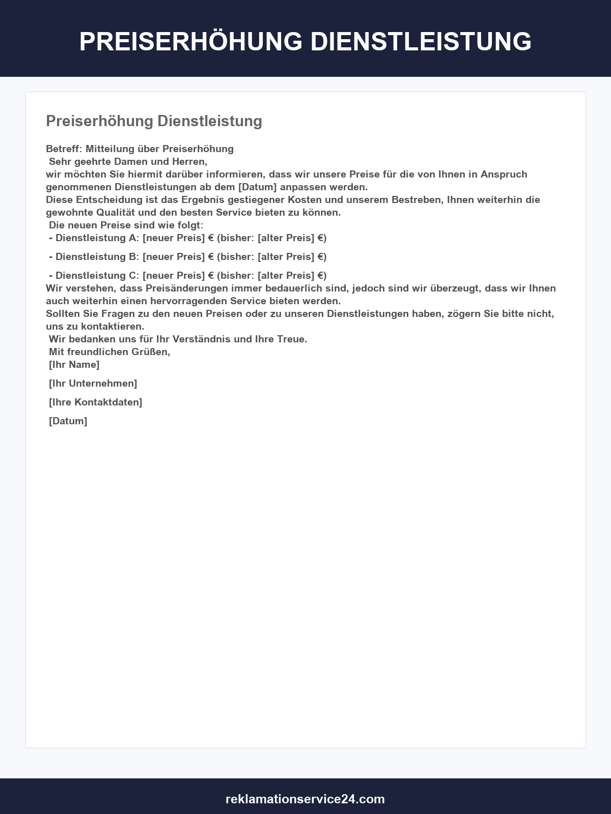 Vorlage Preiserhöhung Dienstleistung