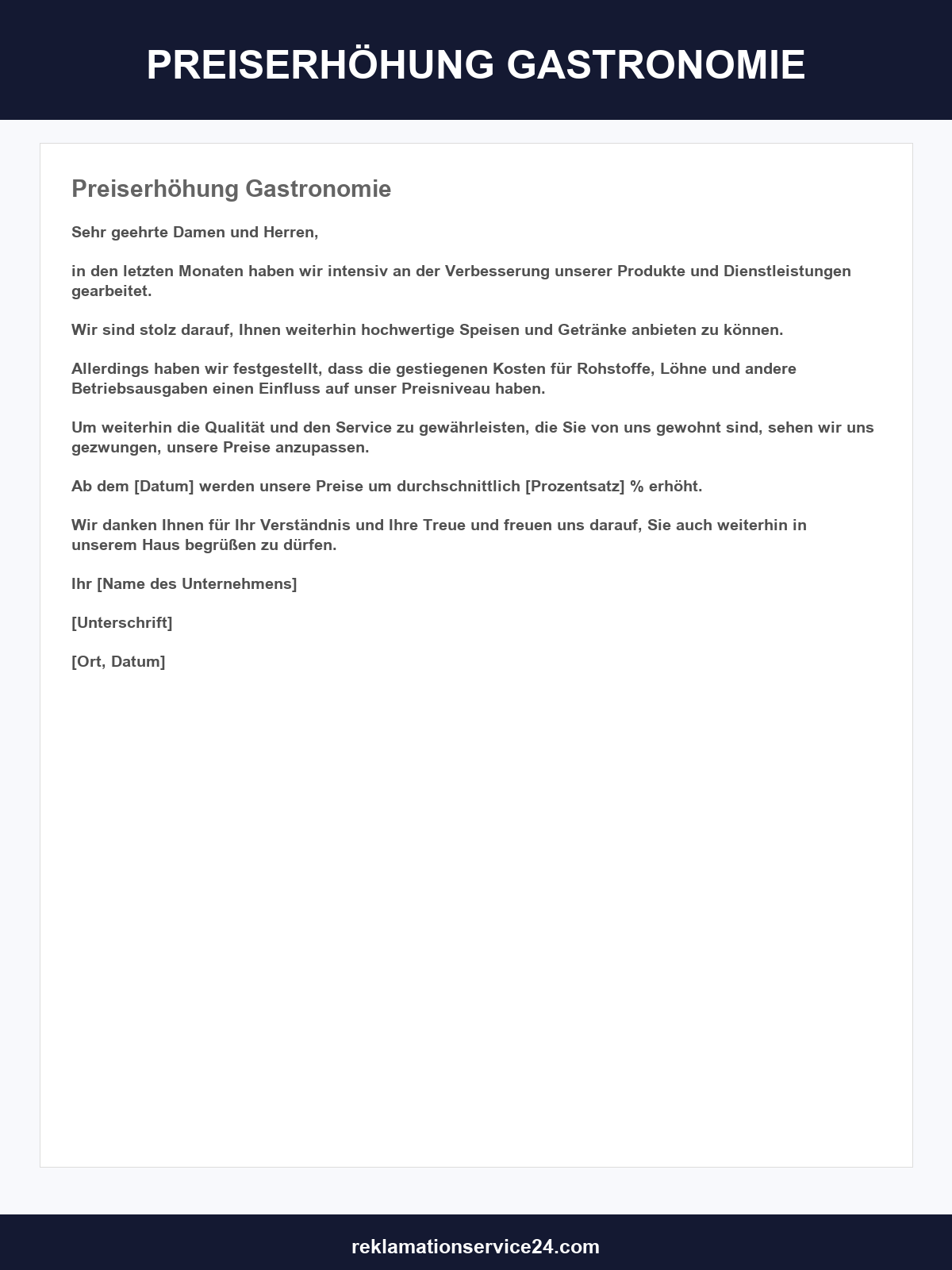 Vorlage Preiserhöhung Gastronomie