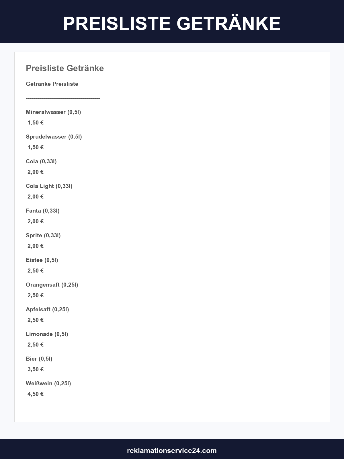 Preisliste Getränke Vorlage
