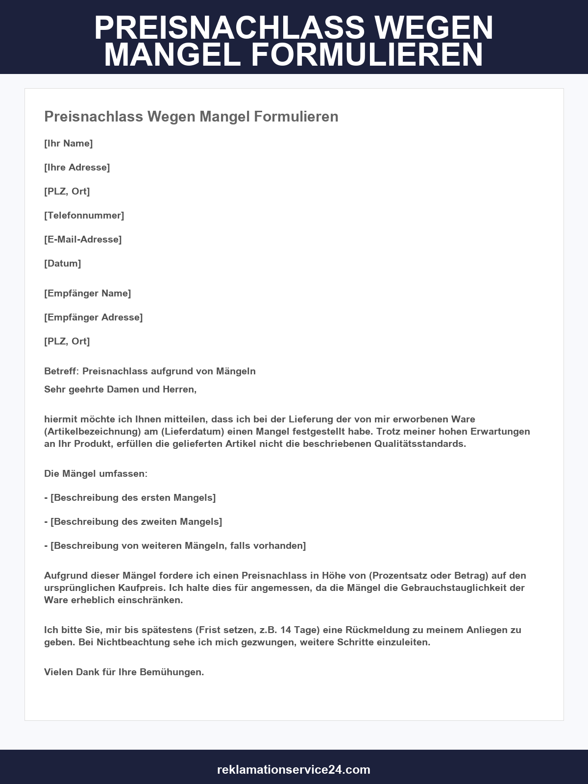Preisnachlass Wegen Mangel Formulieren