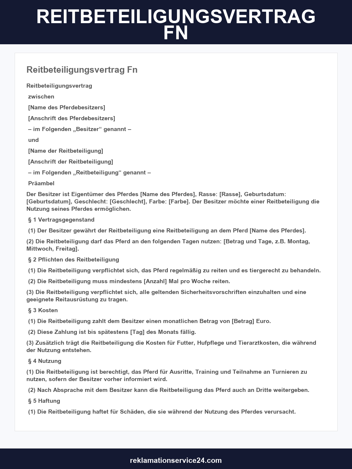 Reitbeteiligungsvertrag Vorlage Fn
