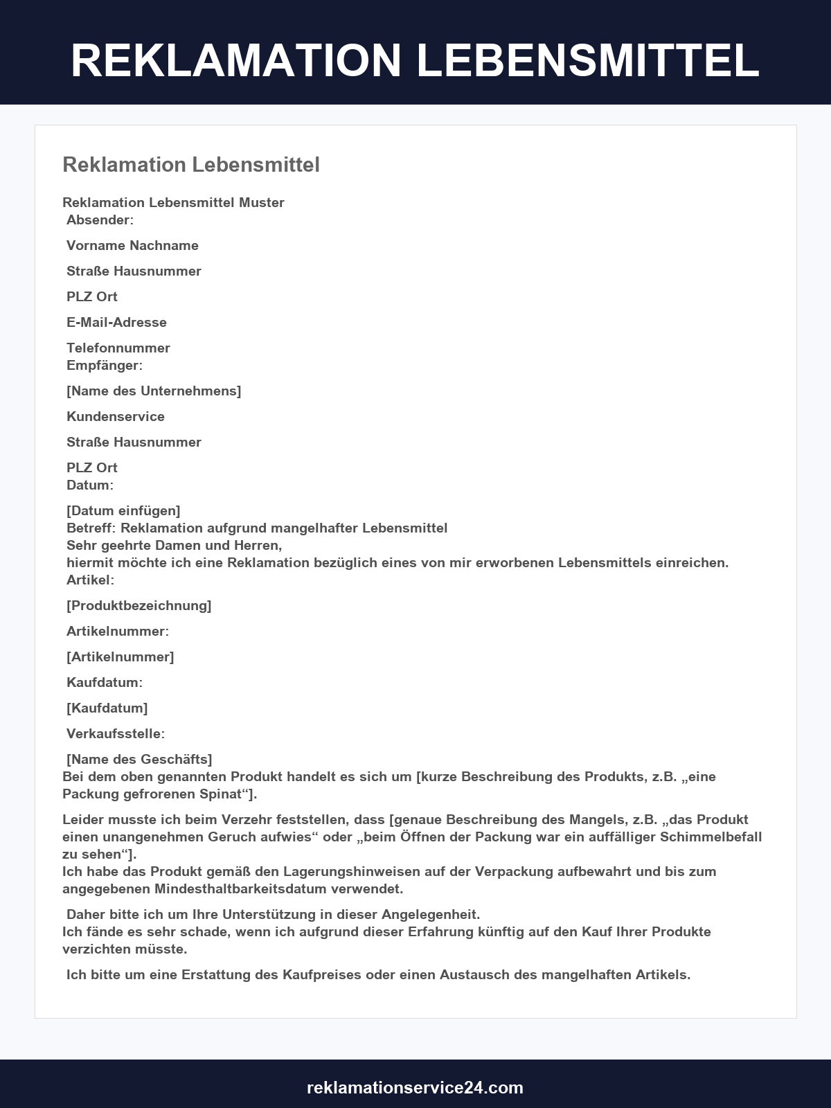 Reklamation Lebensmittel Vorlage