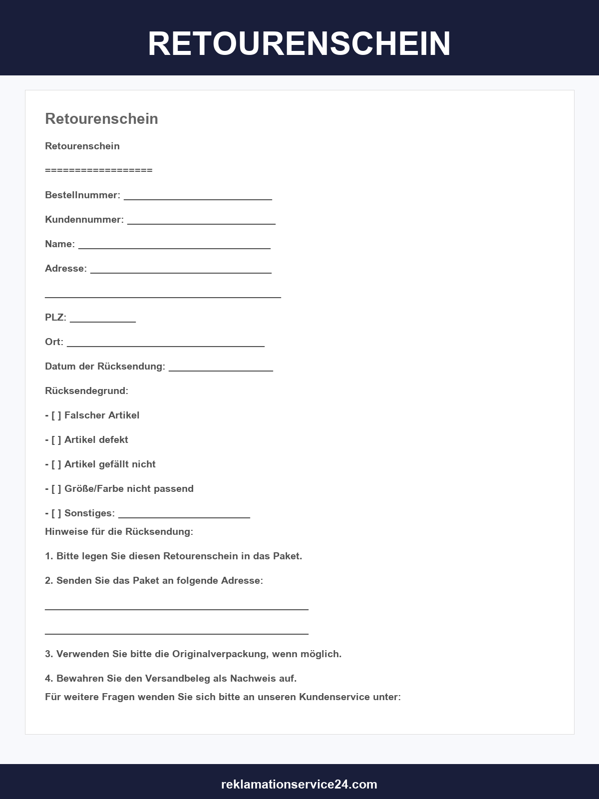 Vorlage Retourenschein