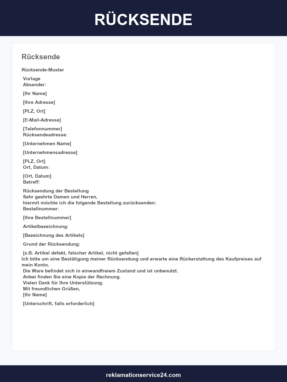 Rücksendeformular Vorlage
