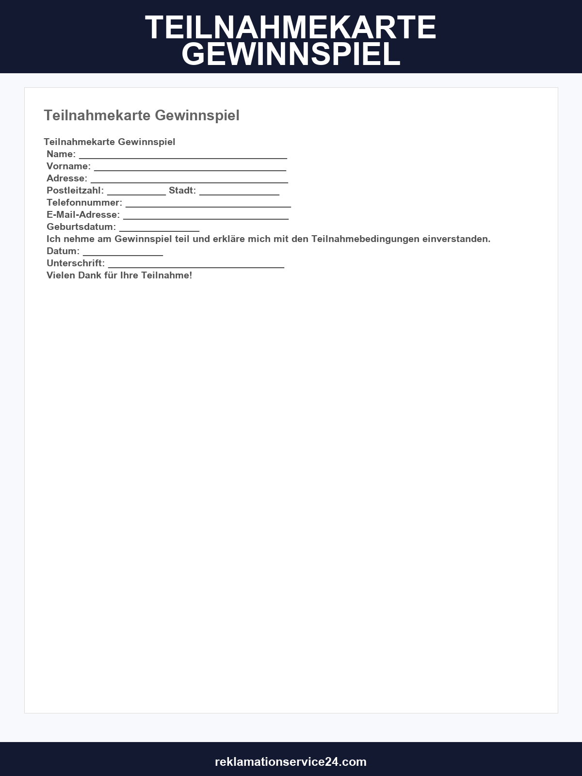 Teilnahmekarte Gewinnspiel Vorlage