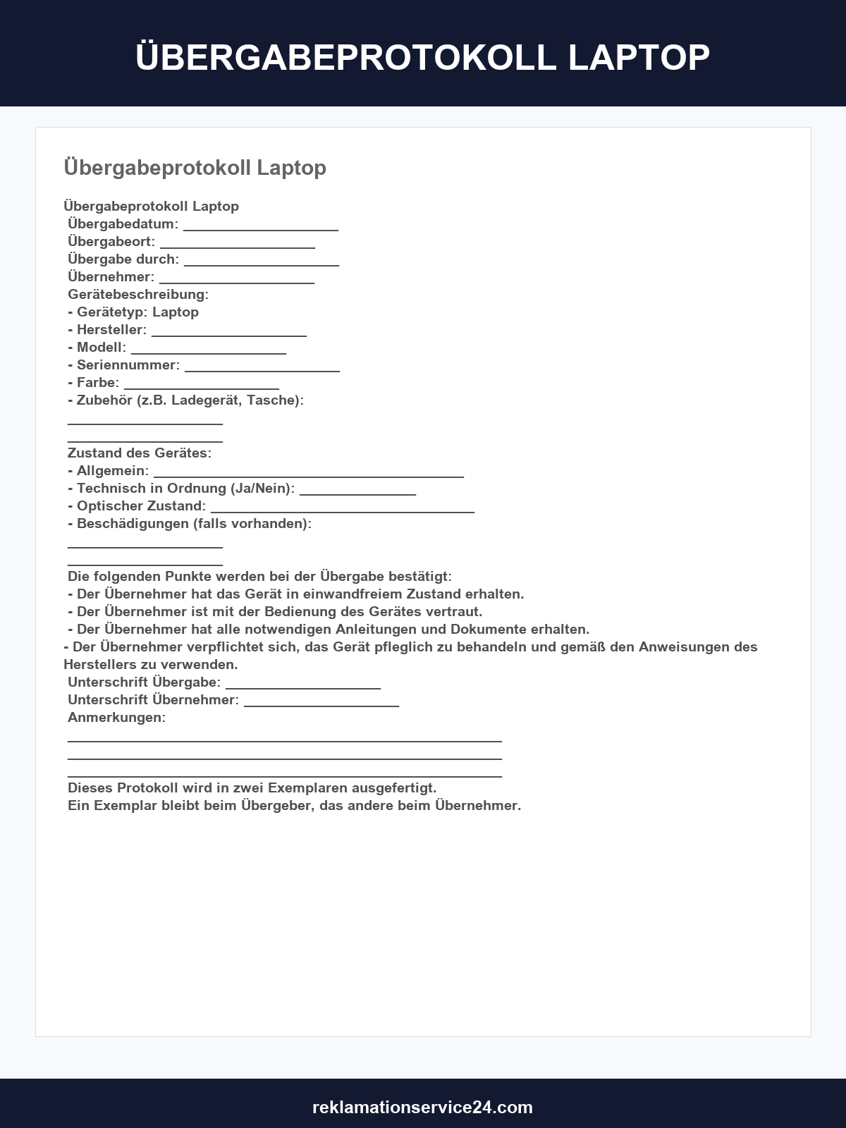 Übergabeprotokoll Laptop Muster
