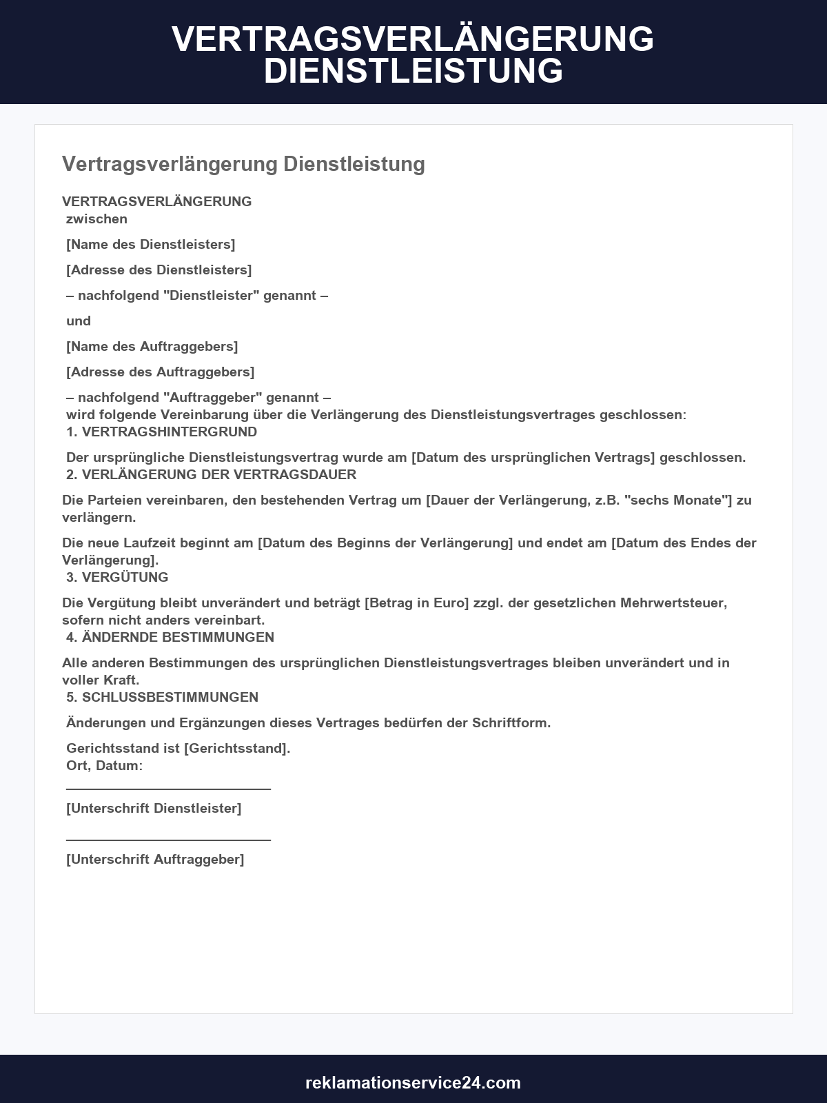 Muster Vertragsverlängerung Dienstleistung
