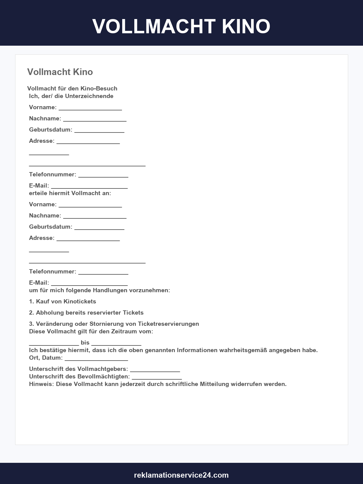 Vollmacht Kino Vorlage