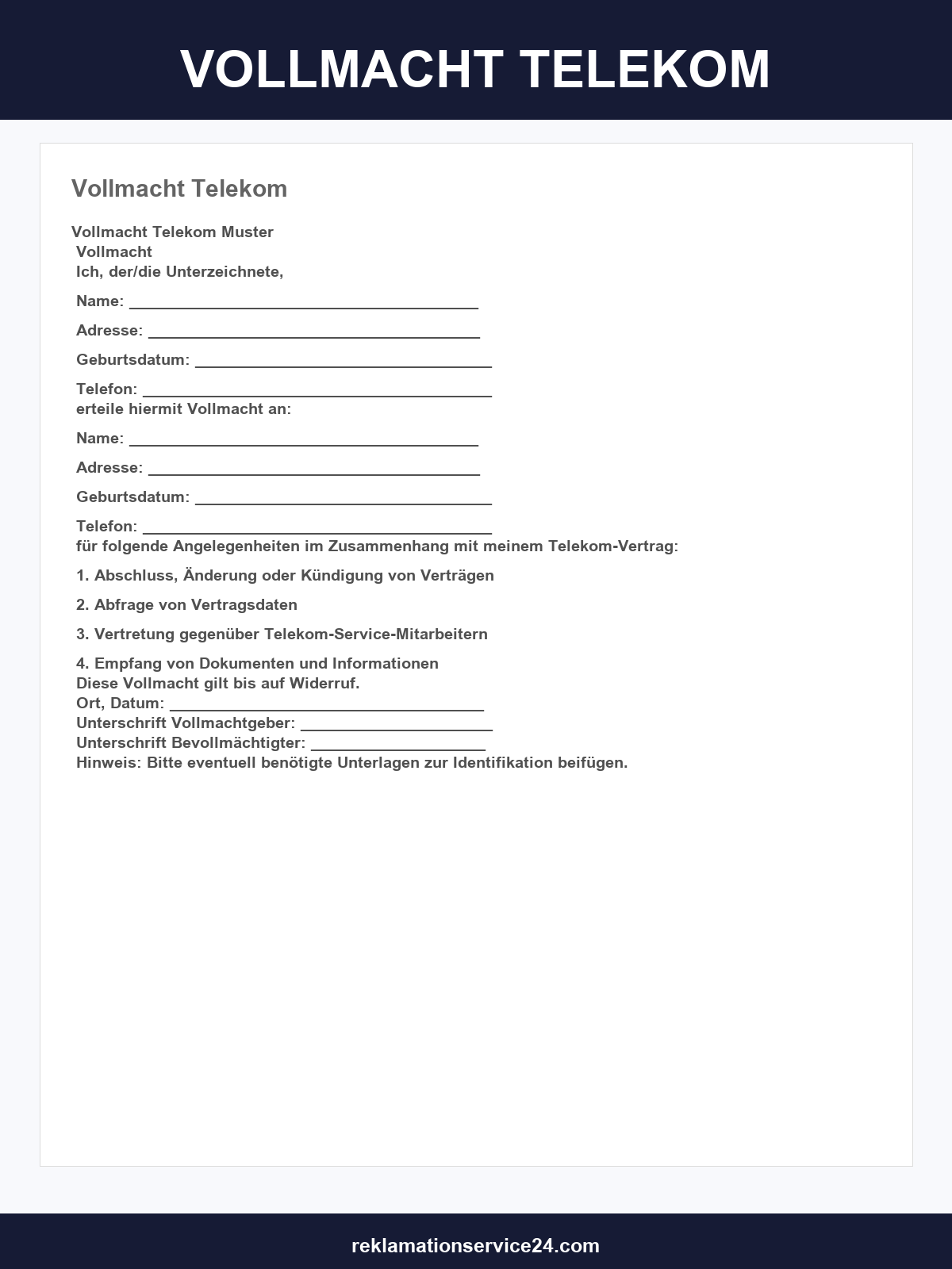 Vollmacht Telekom Vorlage