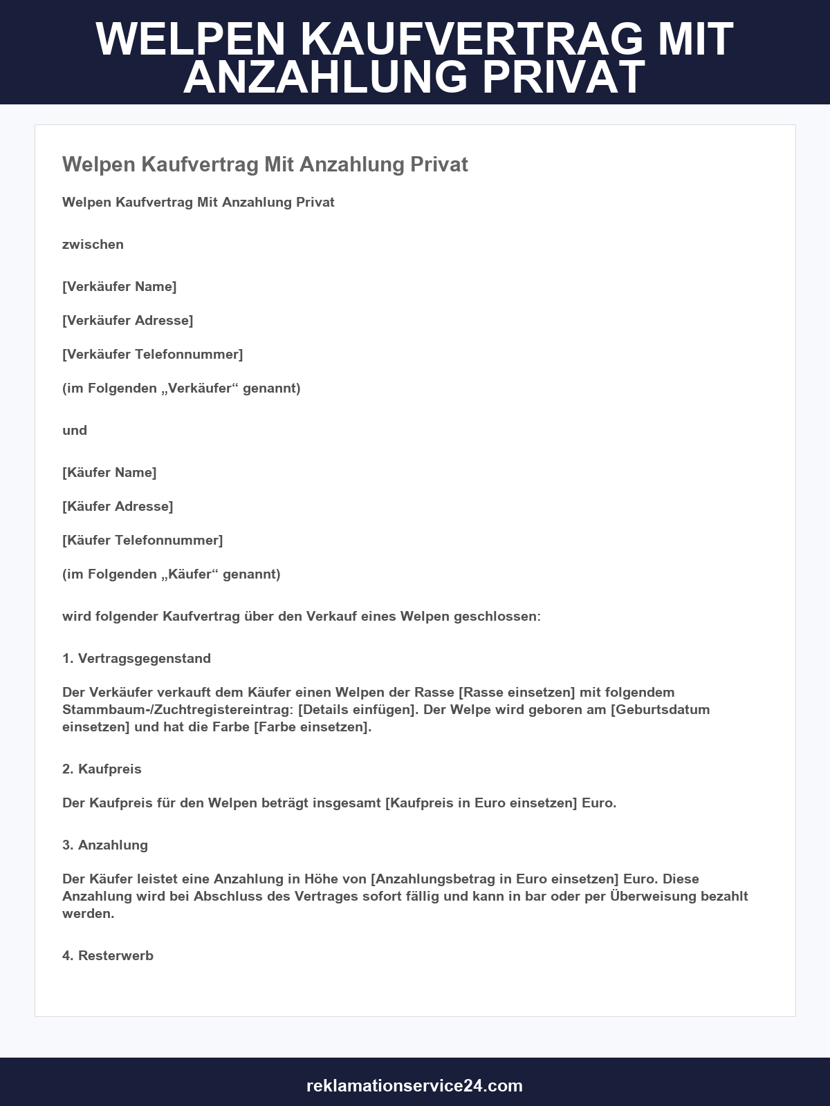 Welpen Kaufvertrag Mit Anzahlung Privat